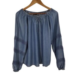 Alison Andrews Blue Lyocell Crochet Lace Sleeve Peasant Boho Blouse Top M
